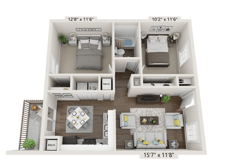 Floor plan for 2 beds, 1 bath, 808 sqft
